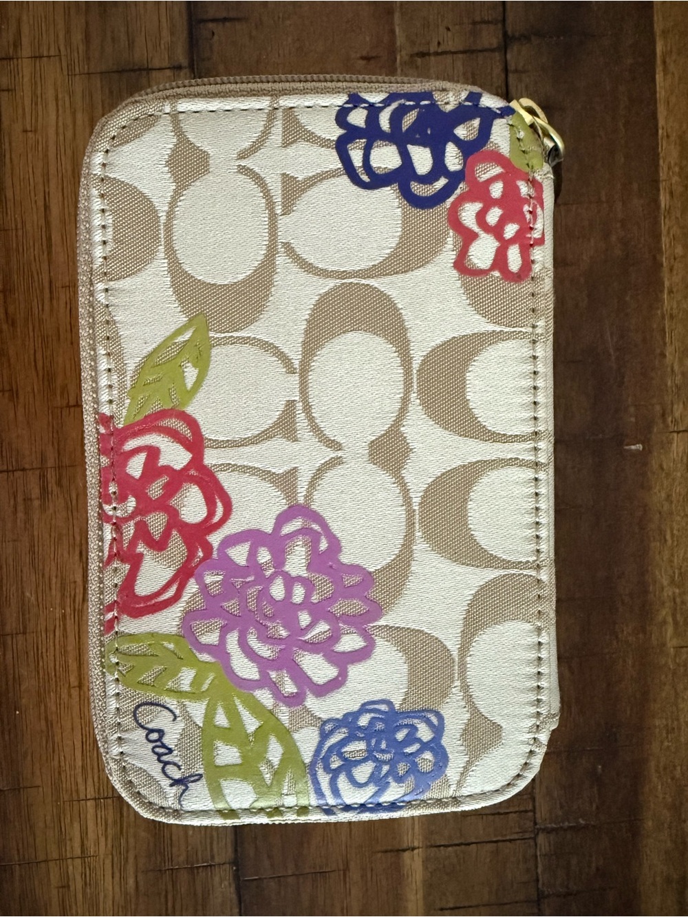 Coach Signature Beige Small Zip Jewelry Keeper with Multicolor Floral Accents